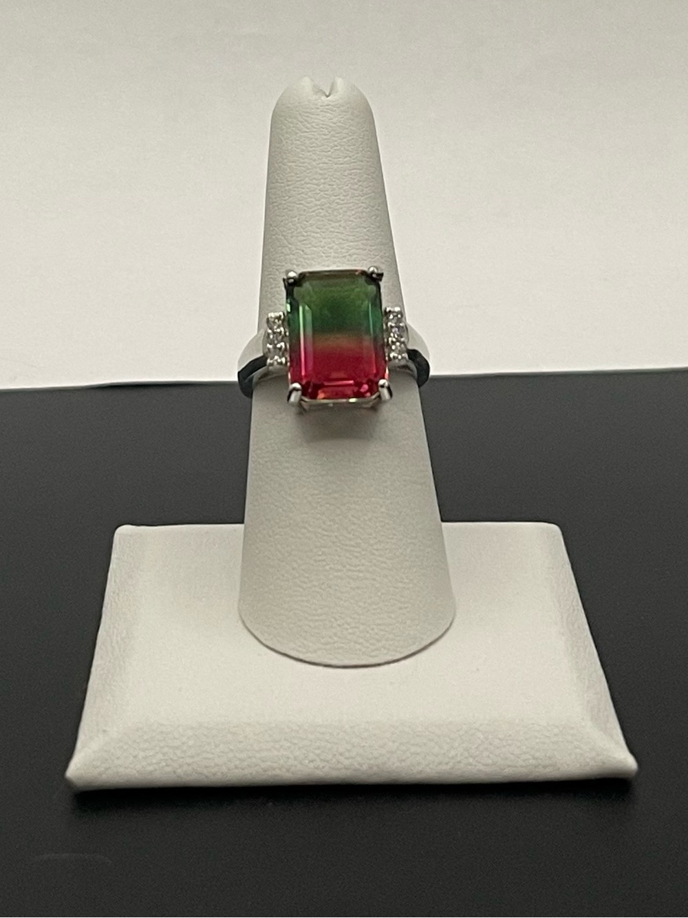 Gorgeous approx 11mmL & 8mm emerald-cut .925SS watermelon tourmaline ring sz 7